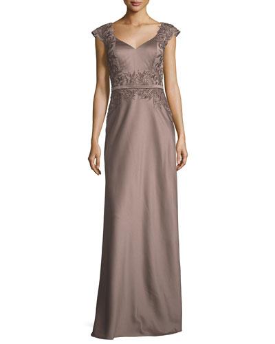 Embellished Faille Cap-sleeve Gown, Cocoa