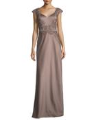 Embellished Faille Cap-sleeve Gown, Cocoa