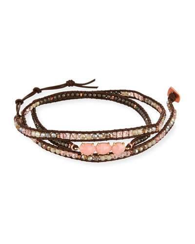 Beaded Leather Wrap Bracelet, Pink