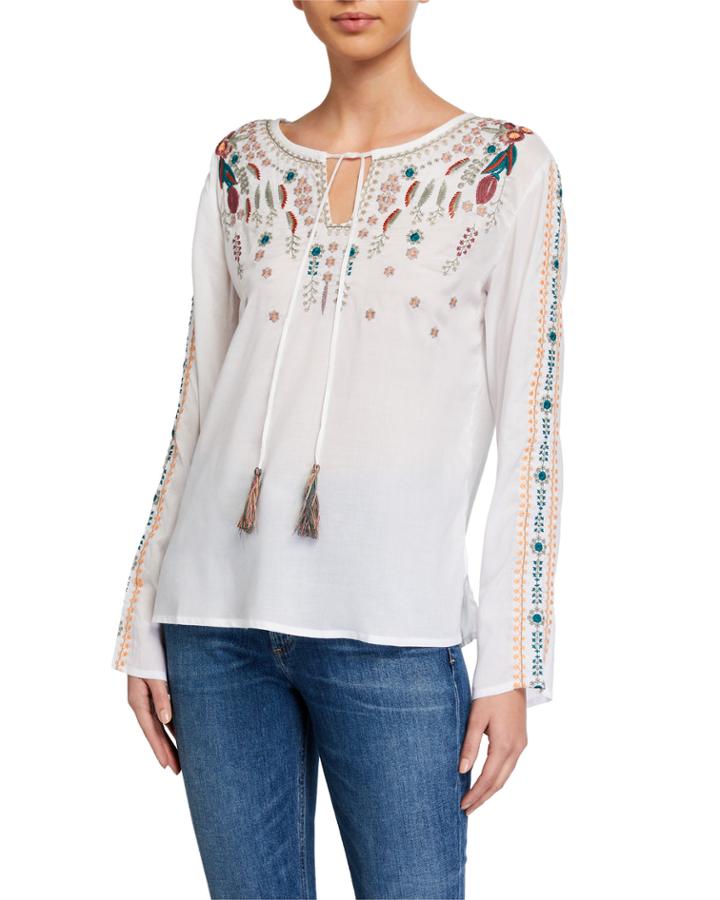 Embroidered Long-sleeve Tassel-tie Top