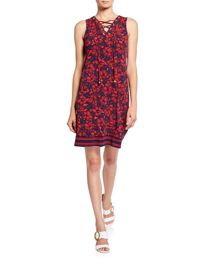Lace-up Sleeveless Floral Border Dress