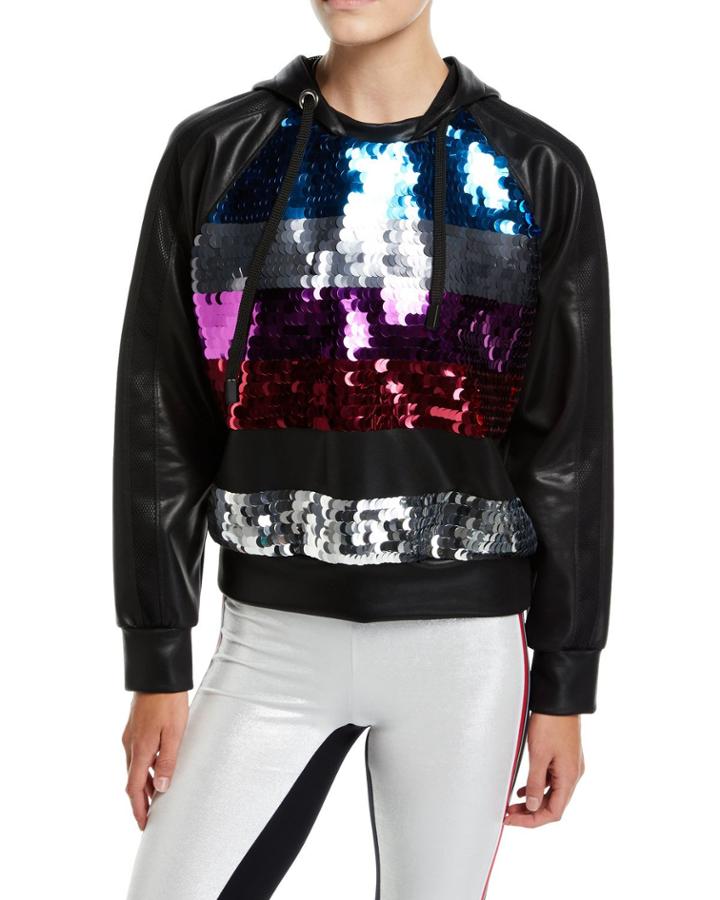 Palale Sequin Faux-leather Cropped Hoodie