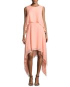 Sleeveless Tiered Crepe Dress, Dark Blush