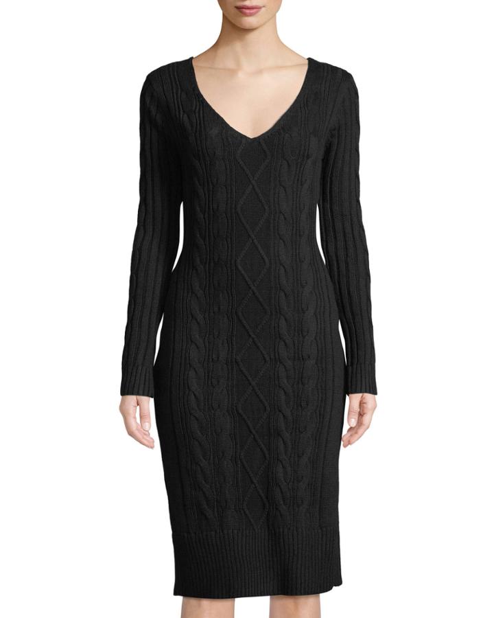 V-neck Long-sleeve Cable Knit Midi