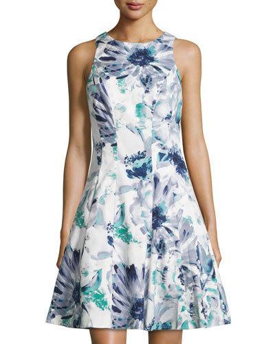 Floral Sleeveless Fit-&-flare Dress, Soft White/grey