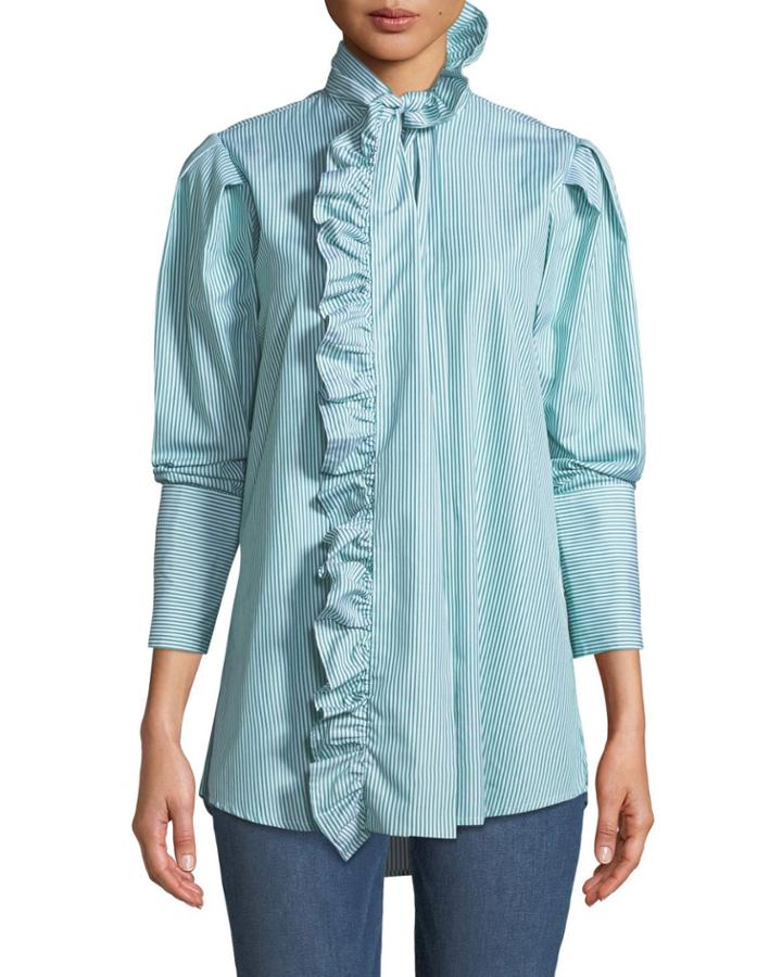 Second Nature Striped Ruffle Button-down