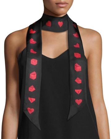 Paper Heart Skinny Silk Twill Scarf, Black/red
