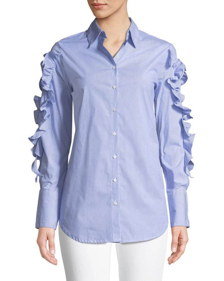 Striped Woven Button-down Blouse W/ Ruffle & Tie Details