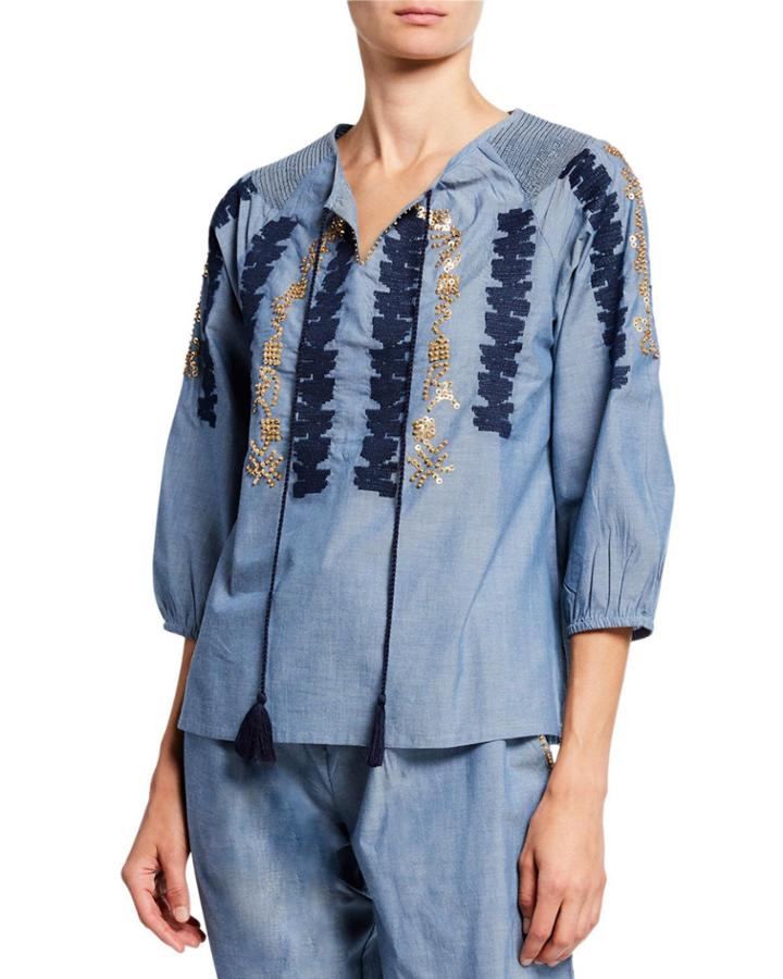 Paityn Embroidered & Sequin Tassel-tie Blouse