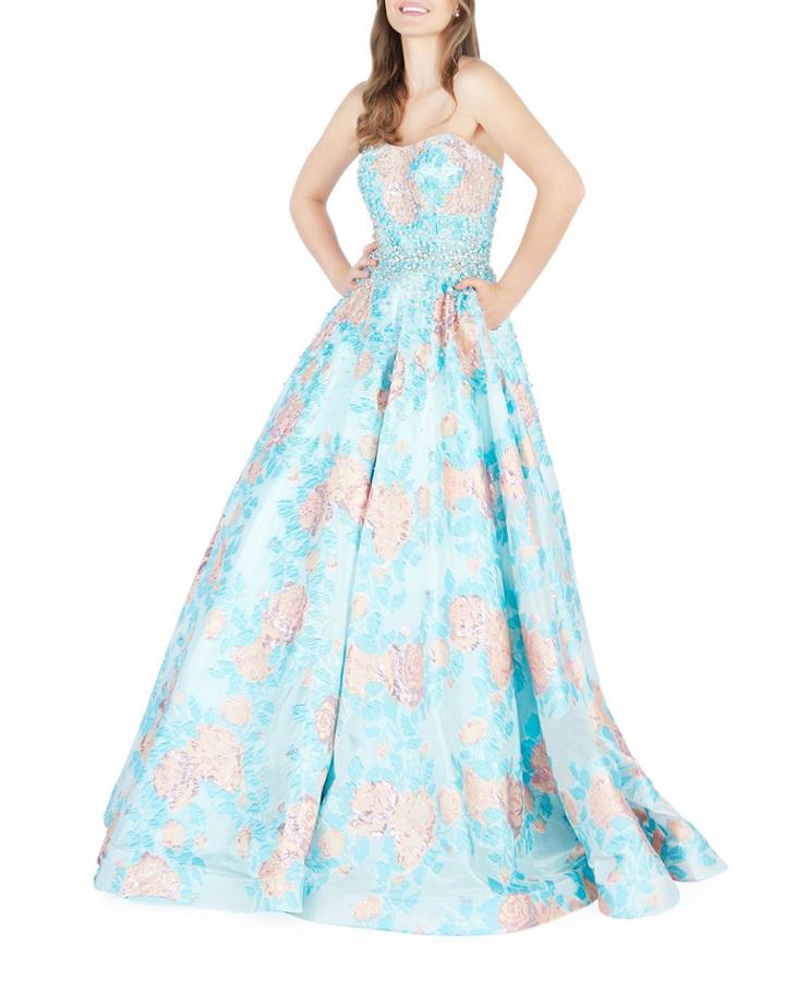 Strapless Bejeweled Floral Ball Gown