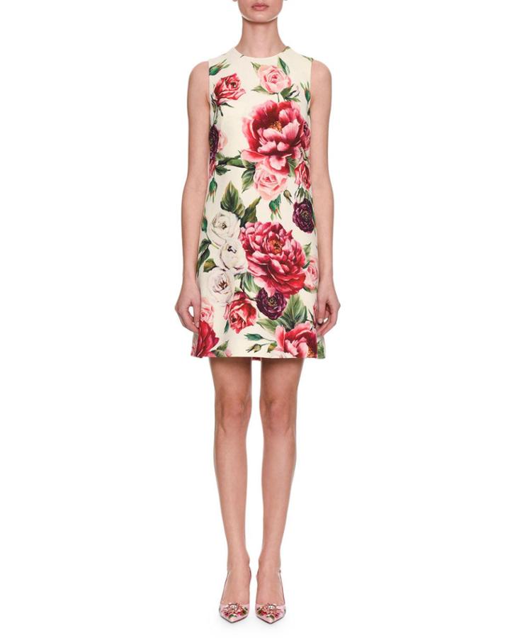 Sleeveless Rose & Peony Print Wool-crepe