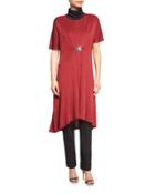 Flowing Short-sleeve Dress W/buckle, Red