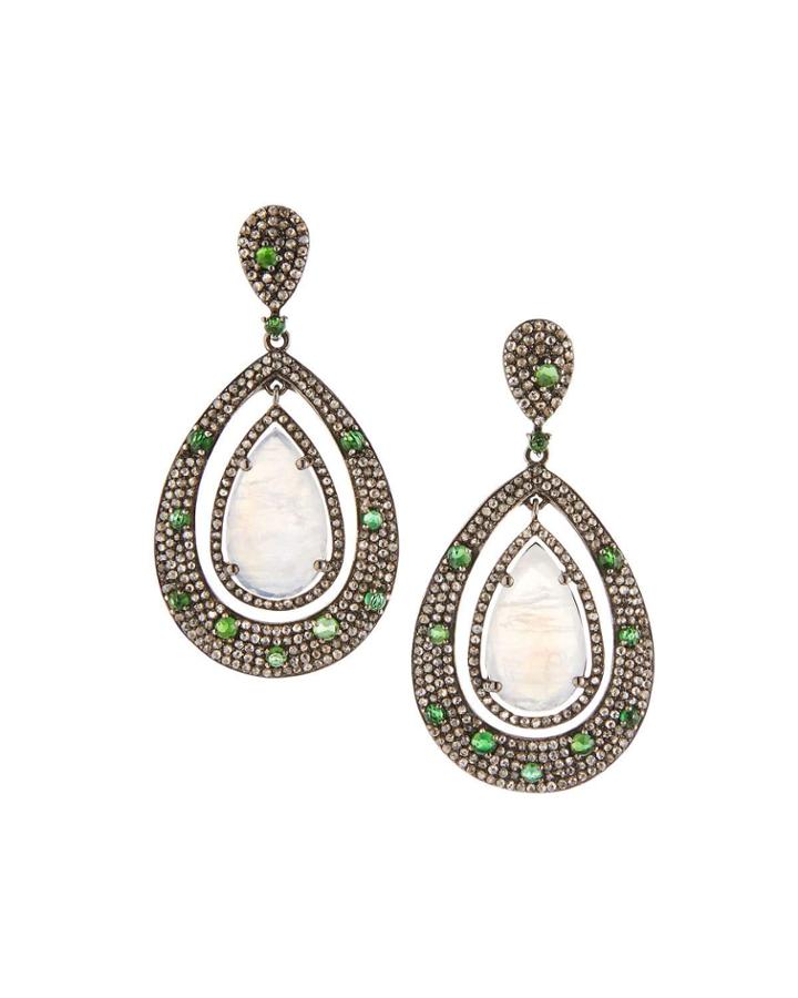 Moonstone Open-teardrop Earrings W/ Diamonds & Tourmaline