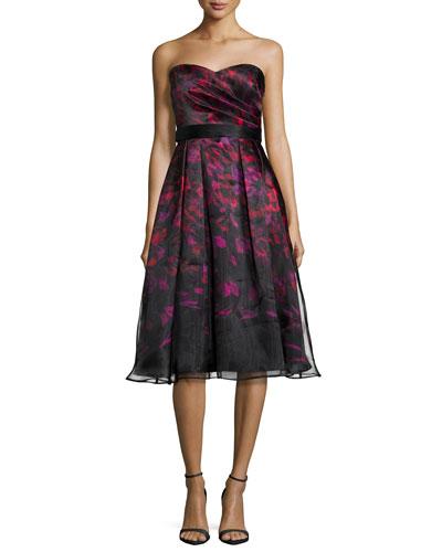 Strapless Printed Tea-length Cocktail Dress