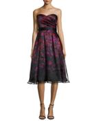 Strapless Printed Tea-length Cocktail Dress