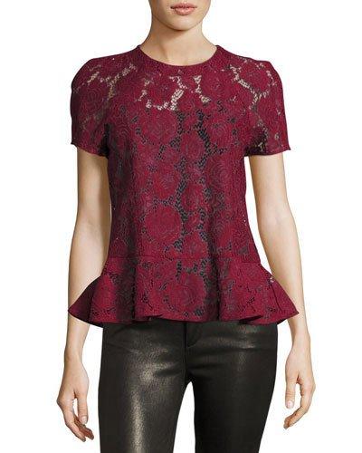 Short-sleeve Sheer Lace Peplum Top, Burgundy