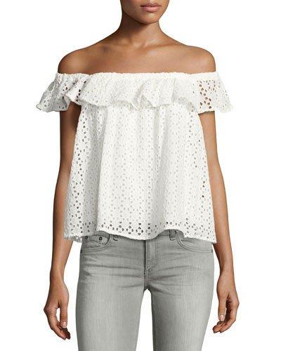 Off-the-shoulder Eyelet Top, White