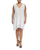 Floral-embroidered Flounce Long Tunic, White,