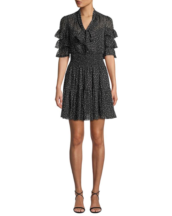 Ruffle-sleeve Mini Cheetah-print Tie-neck Dress