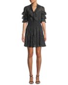 Ruffle-sleeve Mini Cheetah-print Tie-neck Dress