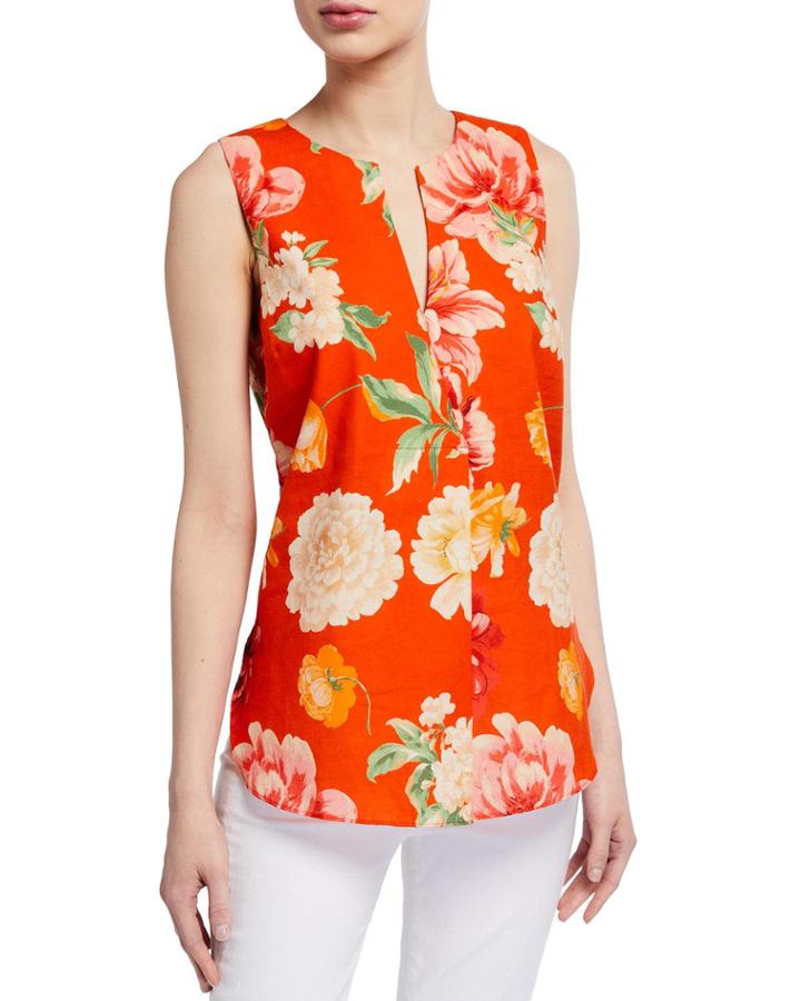 Floral-print Caftan Neck Linen-blend Top