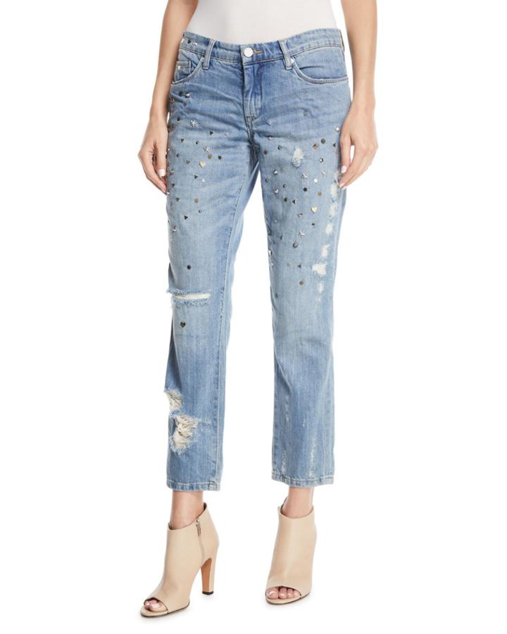 Secret Weapon Distressed Studded Straight-leg Jeans