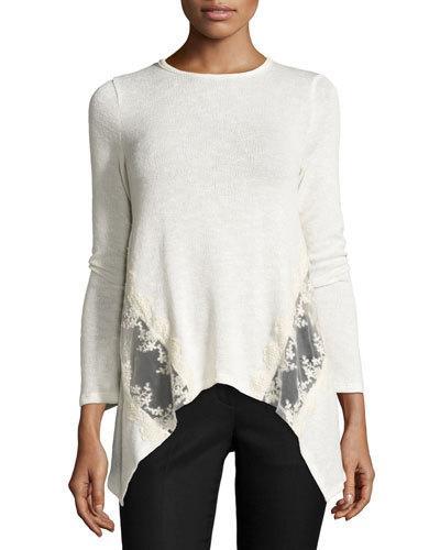 Long-sleeve Lace-panel Sharkbite Top, Ivory