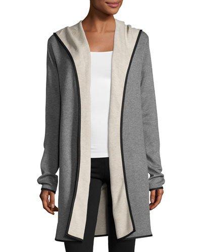 Double-face Long Hooded Cardigan, Gray/beige