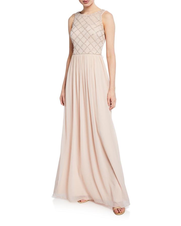 Pleated Beaded Bodice Chiffon Gown