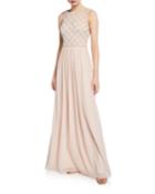 Pleated Beaded Bodice Chiffon Gown