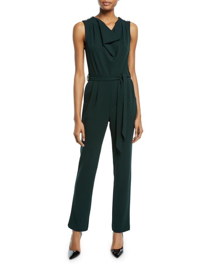 Sleeveless Crepe Jumpsuit W/ Pearl Epaulettes