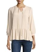 Pleated-front High-low Blouse, Beige