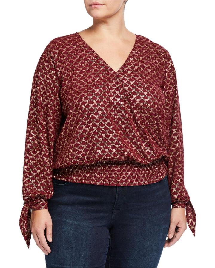 Plus Size Printed Long-sleeve Smocked Wrap Blouse