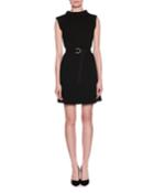 Stand-collar Sleeveless A-line Self-belt Plisse Jersey Dress