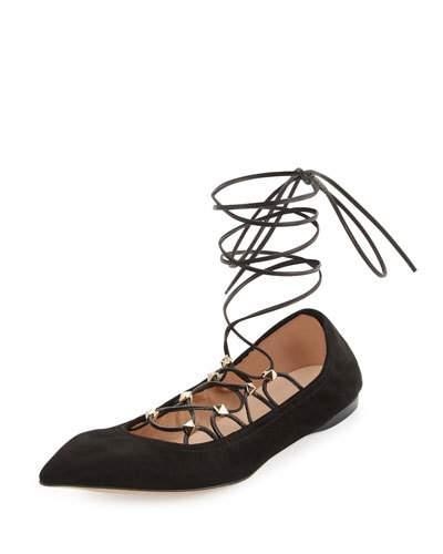 Rockstud Lace-up Gladiator Ballerina Flat, Nero