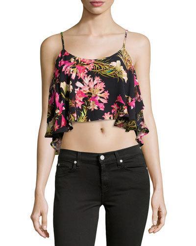 Chiffon Tropical-print Crop Top, Black/multicolor