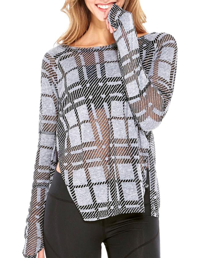 Plaid Burnout Vented Long-sleeve Top, Gray