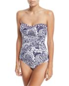 Paisley Paradise Shirred Bandeau-neck One-piece