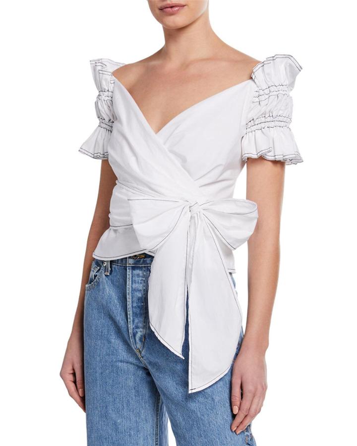 Off-the-shoulder Ruched-sleeve Bow Blouse
