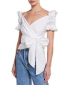 Off-the-shoulder Ruched-sleeve Bow Blouse