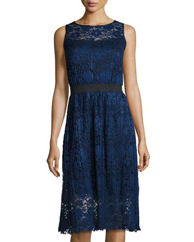 Sleeveless Lace Fit-and-flare Midi Dress, Navy