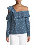 Marlow One-shoulder Floral-print Chambray Top