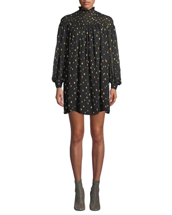 Smocked Metallic Long-sleeve