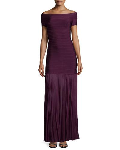 Off-the-shoulder Pleated-hem Gown, Bordeaux