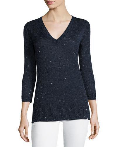 3/4-sleeve Sequin V-neck Pullover