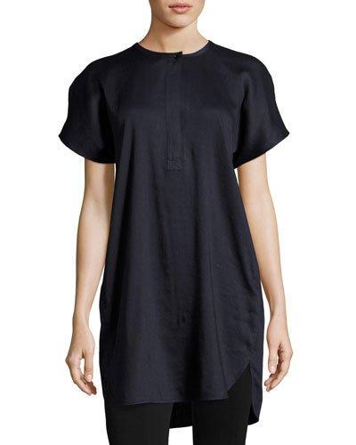 Linen-blend Half-placket Tunic, Navy