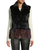 Multicolor Hem Rabbit & Fox Fur Vest, Black