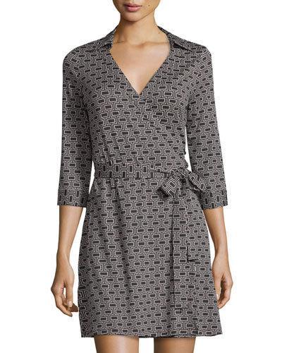 Milo Three-quarter-sleeve Wrap Dress, Black Geometric