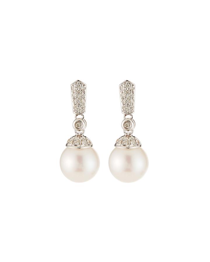 14k White Gold Diamond Pave And Bezel Pearl Earrings, White