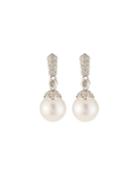 14k White Gold Diamond Pave And Bezel Pearl Earrings, White